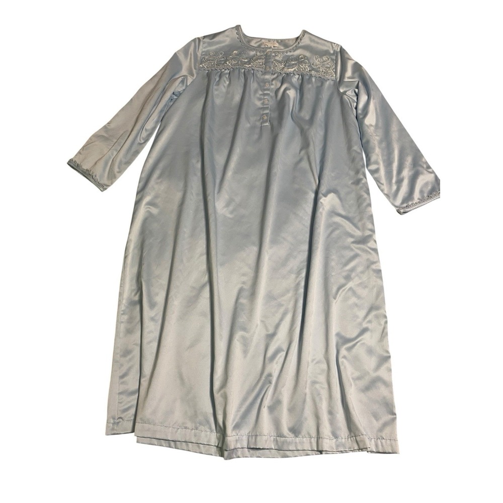 ⁠Charter Club Blue Satin Nightgown XL Embroidered Lace Granny Cottagecore Gown⁠